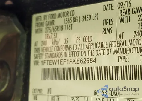 2015 Ford F-150 Lariat z USA, uszkodzony, nr VIN 1FTEW1EF1FKE62684